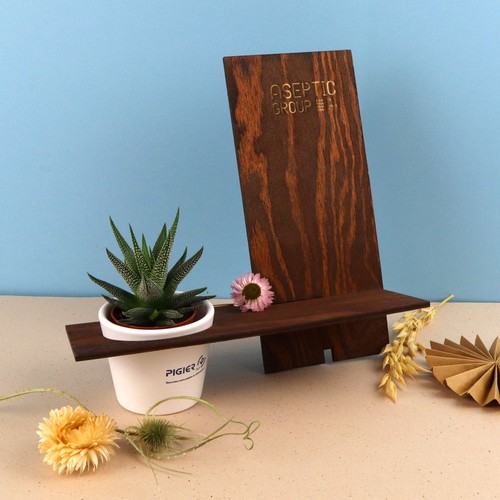 Support téléphone bois avec plante